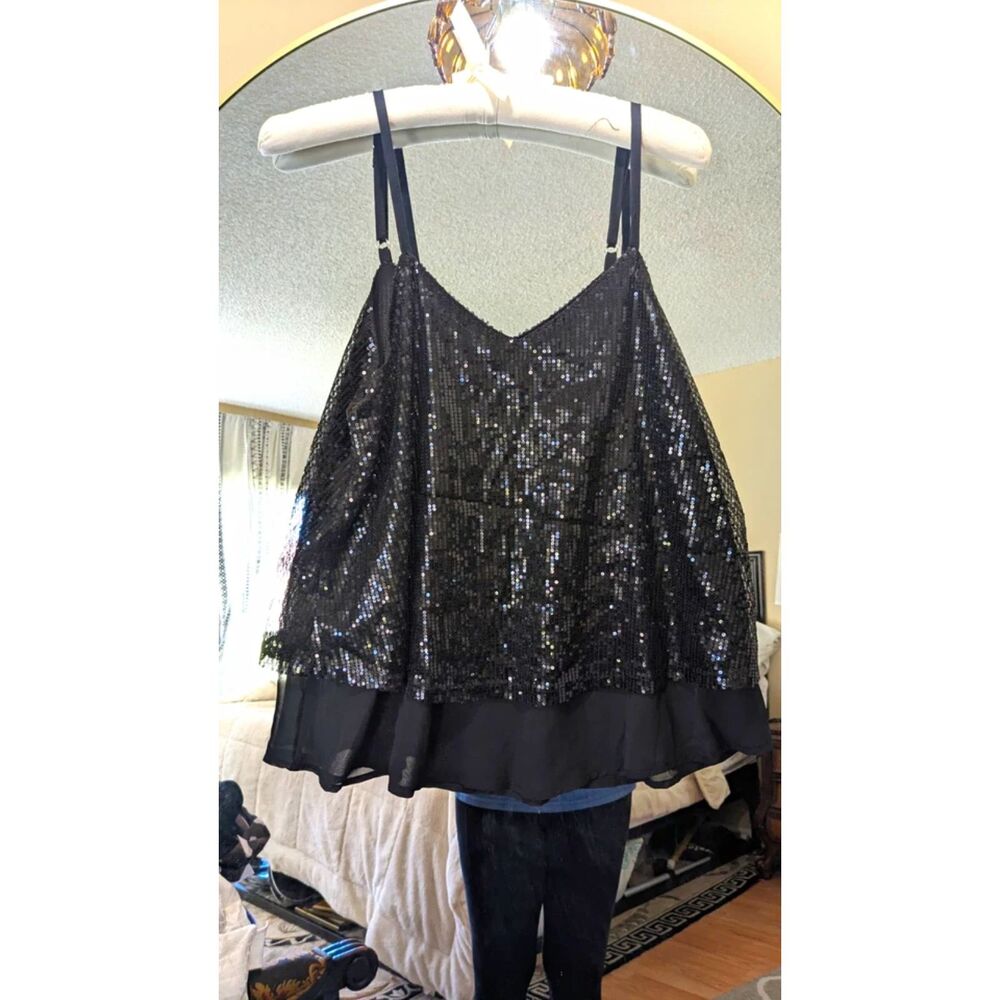 Satinior Black Chiffon Sequin V-Neck Spaghetti Strap Layered Cami Tank Top S